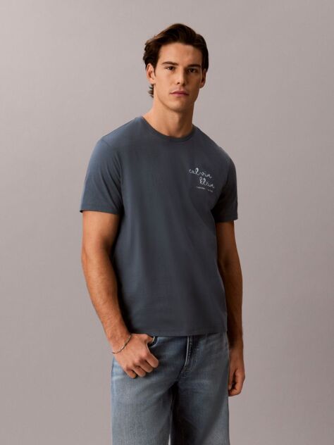 Albastru Tricou Cu Guler Rotund Si Logo Grafic  Barbati
