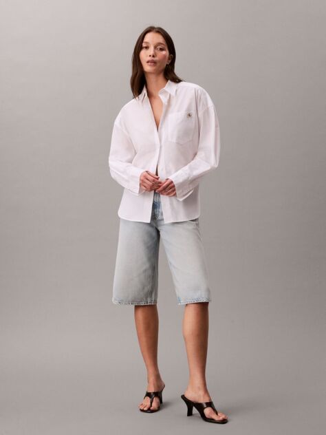 Alb Camasa Poplin Cu Croiala Cropped  Femei