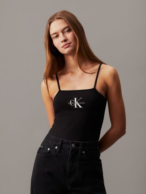 Negru Body Din Bumbac Elastic Cu Logo Monograma  Femei