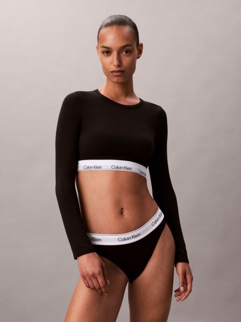 Negru Bralette Tip Tricou Cu Maneci Lungi  - Icon Cotton Modal  Femei