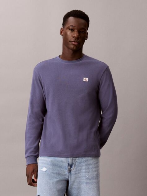 Albastru Bluza Cu Maneca Lunga Si Textura Waffle  Barbati