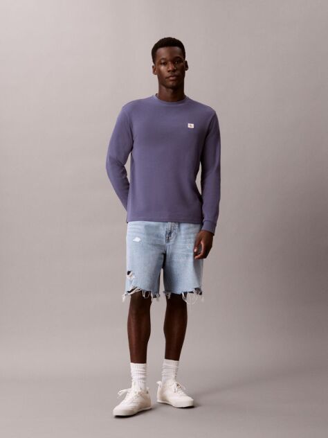 Albastru Bluza Cu Maneca Lunga Si Textura Waffle  Barbati
