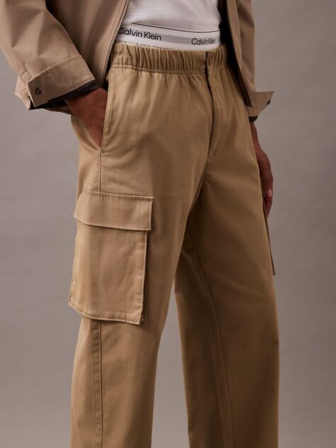 Khaki Cotton Stretch Straight Fit Cargo Trousers  Men