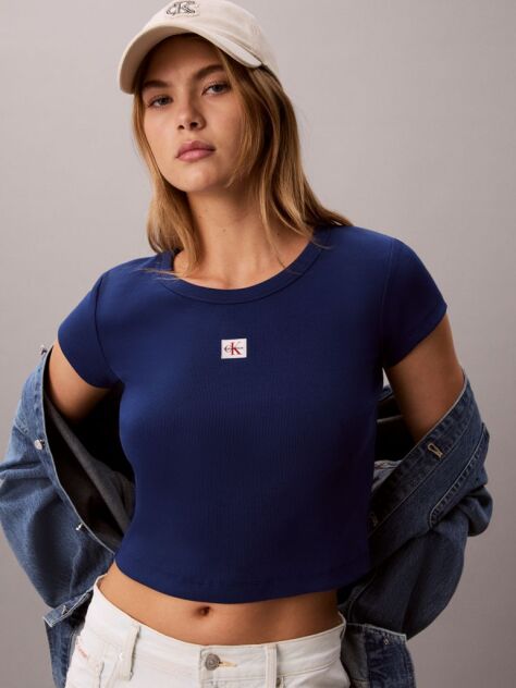 Albastru Tricou Slim Din Bumbac Reiat Cu Emblema  Femei