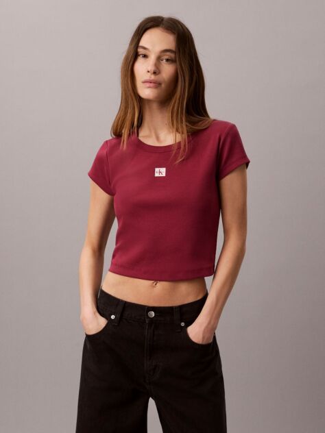 Rosu Tricou Slim Din Bumbac Reiat Cu Emblema  Femei