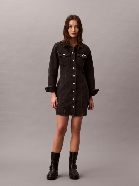 Negru Rochie-Camasa Din Denim  Femei