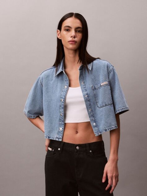 Albastru Camasa Din Denim Cu Croi Boxy, Scurta In Stil Vintage  Femei