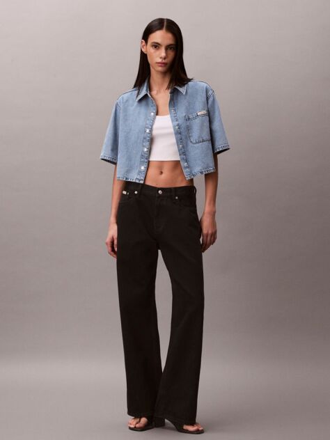 Albastru Camasa Din Denim Cu Croi Boxy, Scurta In Stil Vintage  Femei