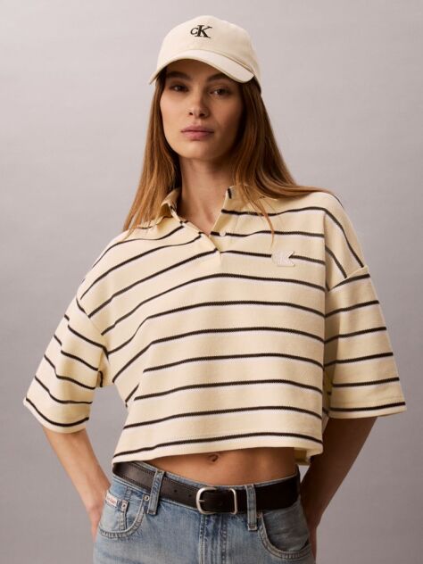 Bej Tricou Polo Scurt Cu Dungi Si Croiala Boxy  Femei