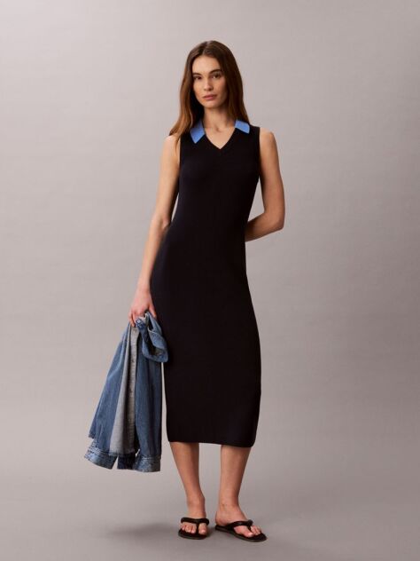 Albastru Rochie Polo Fara Maneci Din Bumbac Tricotat  Femei