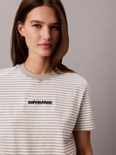 Gri Tricou Cu Guler Rotund In Dungi Si Logo  Femei