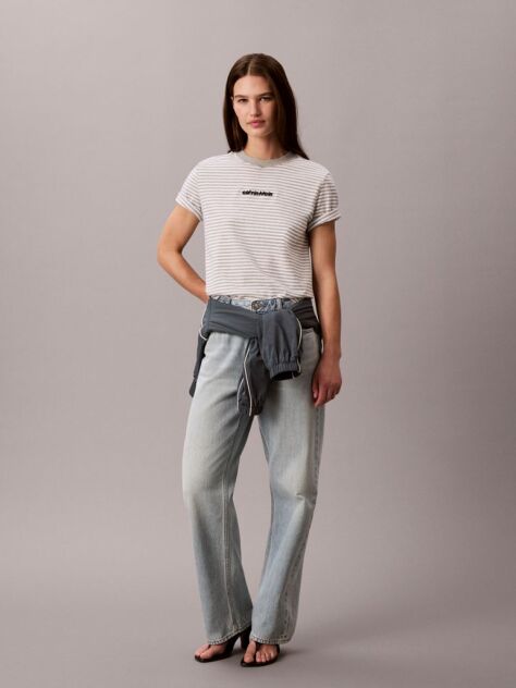 Gri Tricou Cu Guler Rotund In Dungi Si Logo  Femei