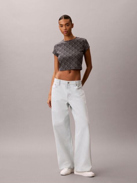 Albastru Tricou Cropped Cu Imprimeu Emblema  Femei