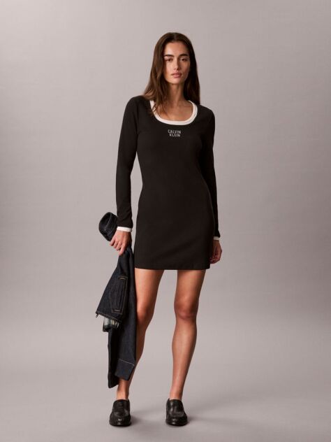 Negru Rochie Mini Reiata Cu Logo Grafic  Femei