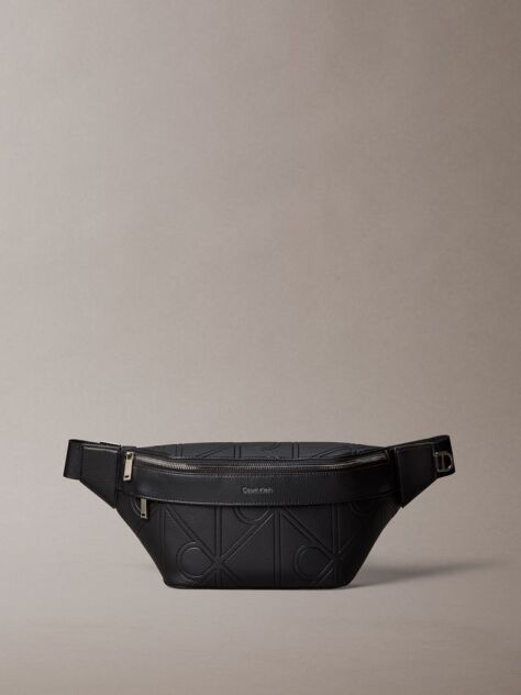 Black Embossed Allover Emblem Logo Bum Bag  Men