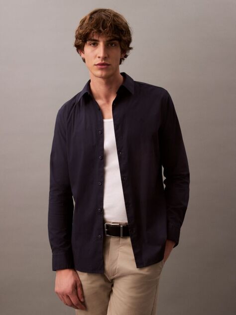 Albastru Camasa Slim Din Material Elastic Cu Nasturi  Barbati
