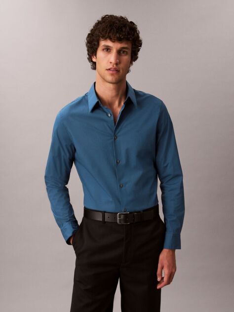 Albastru Camasa Slim Din Material Elastic Cu Nasturi  Barbati