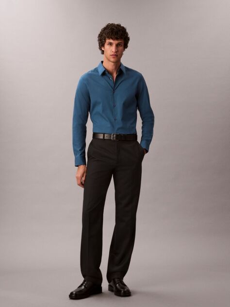 Albastru Camasa Slim Din Material Elastic Cu Nasturi  Barbati