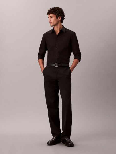 Negru Camasa Slim Din Material Elastic Cu Nasturi  Barbati