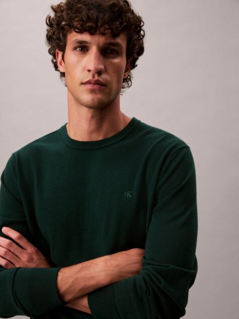 Verde Pulover Clasic Din Lana Merino  Barbati