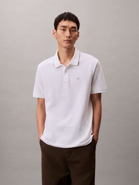 Alb Tricou Polo Din Piqué Cu Borduri Contrastante  Barbati