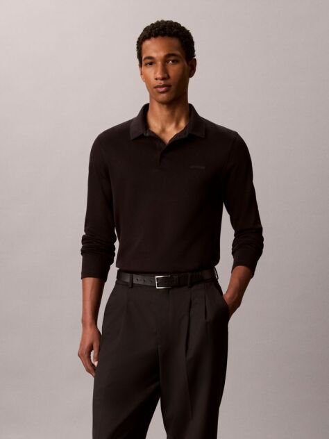 Negru Tricou Polo Slim Din Bumbac Cu Maneca Lunga  Barbati