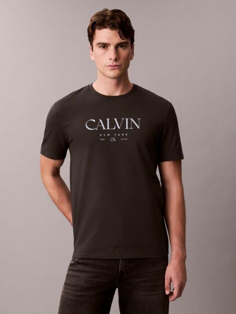 Negru Tricou Cu Decolteu Rotund Si Imprimeu Calvin  Barbati