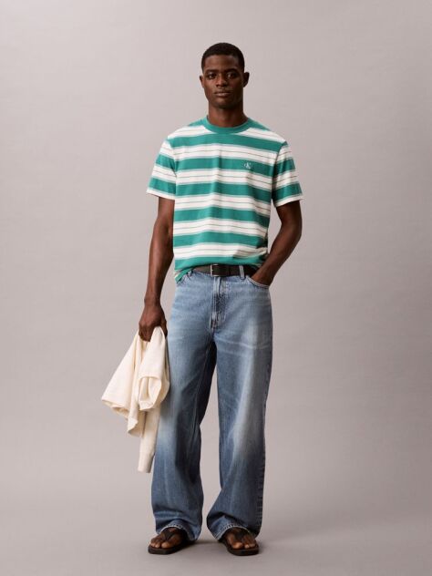 Verde Tricou In Dungi Din Bumbac Elastic  Barbati