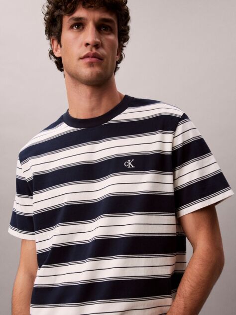 Albastru Tricou In Dungi Din Bumbac Elastic  Barbati