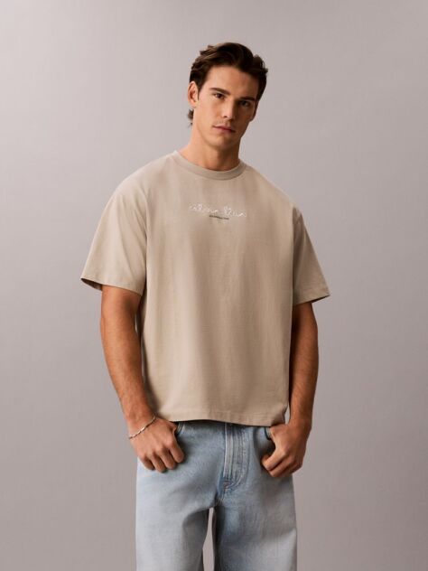 Bej Tricou Cu Guler Rotund Si Logo Grafic  Barbati
