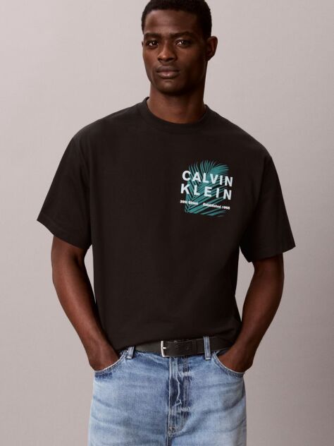 Negru Tricou Cu Guler Rotund Si Imprimeu Palmier Cu Logo  Barbati