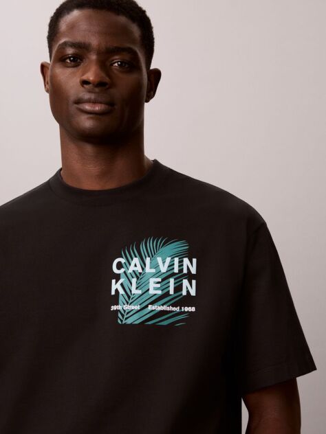 Negru Tricou Cu Guler Rotund Si Imprimeu Palmier Cu Logo  Barbati