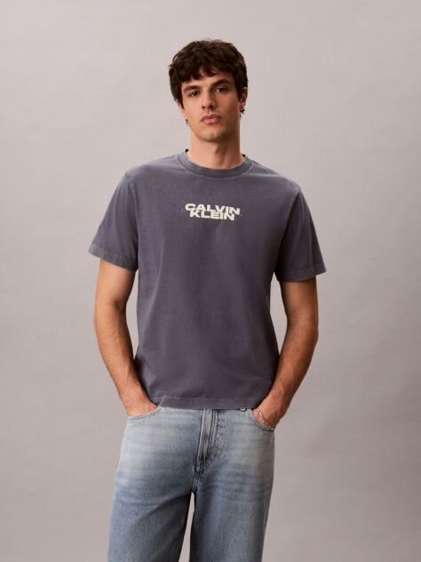 Albastru Tricou Cu Guler Rotund Cu Aspect Prespalat Si Logo Grafic  Barbati