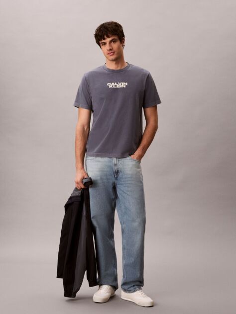 Albastru Tricou Cu Guler Rotund Cu Aspect Prespalat Si Logo Grafic  Barbati