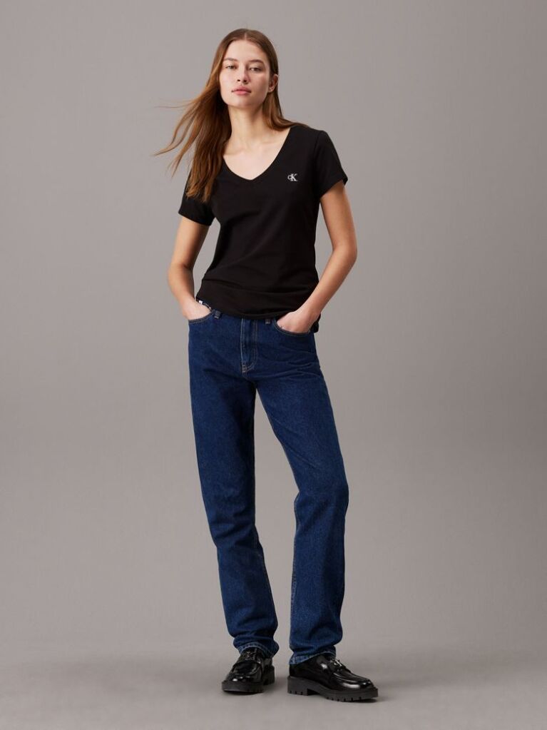 Negru Tricou Slim Cu Decolteu V Din Bumbac Organic  Femei