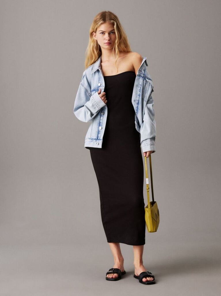 Black Ribbed Cotton Strapless Dress  Women