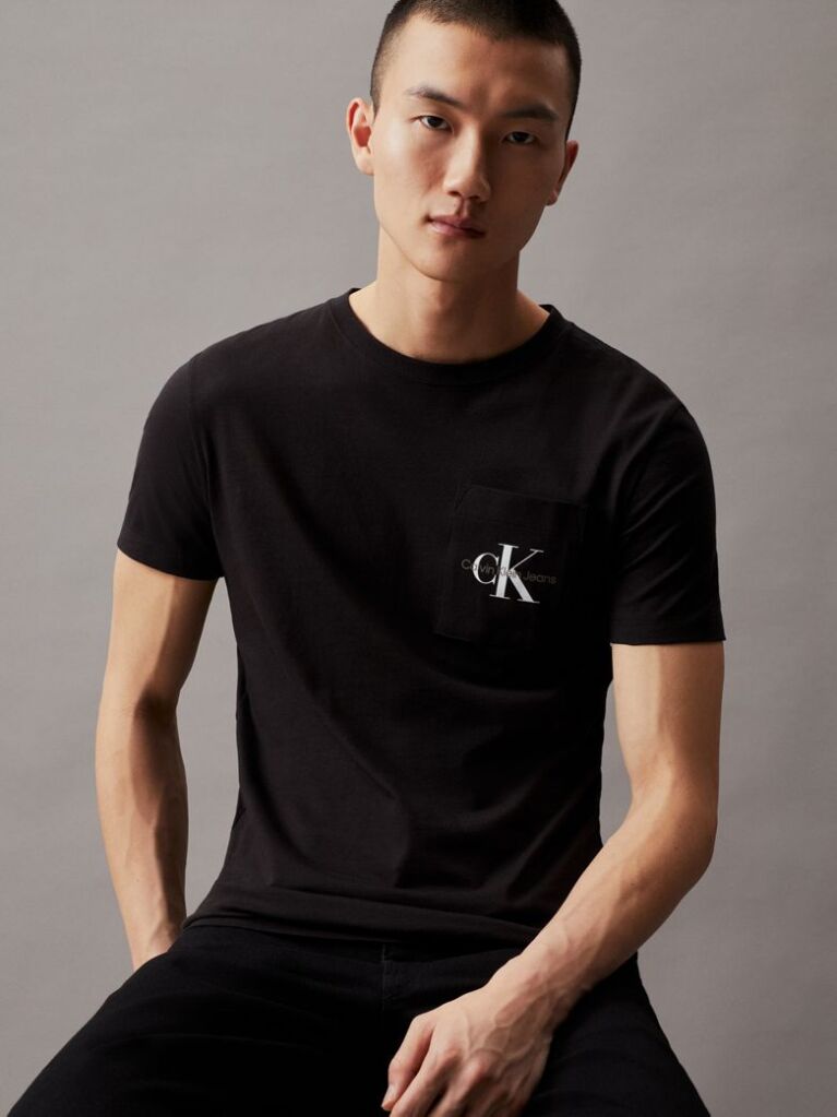 Negru Tricou Slim Cu Buzunar Si Logo Monograma  Barbati