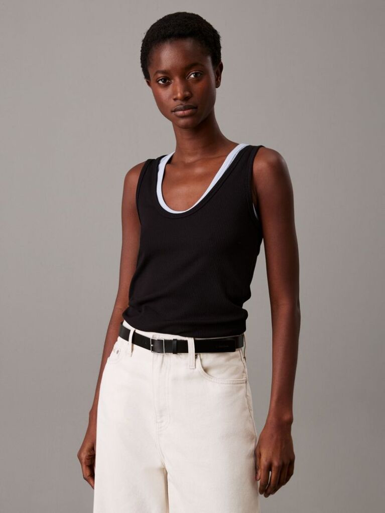 Negru Maiou Slim Cu Textura Rib  Femei