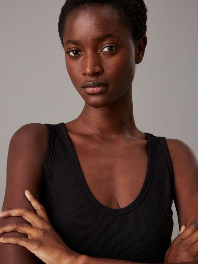 Negru Maiou Slim Cu Textura Rib  Femei