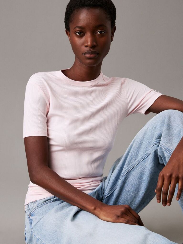 Pink Slim Ribbed Modal T-shirt  Women