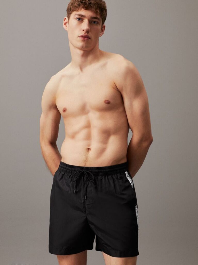 Black Medium Drawstring Swim Shorts - Logo Tape  Men