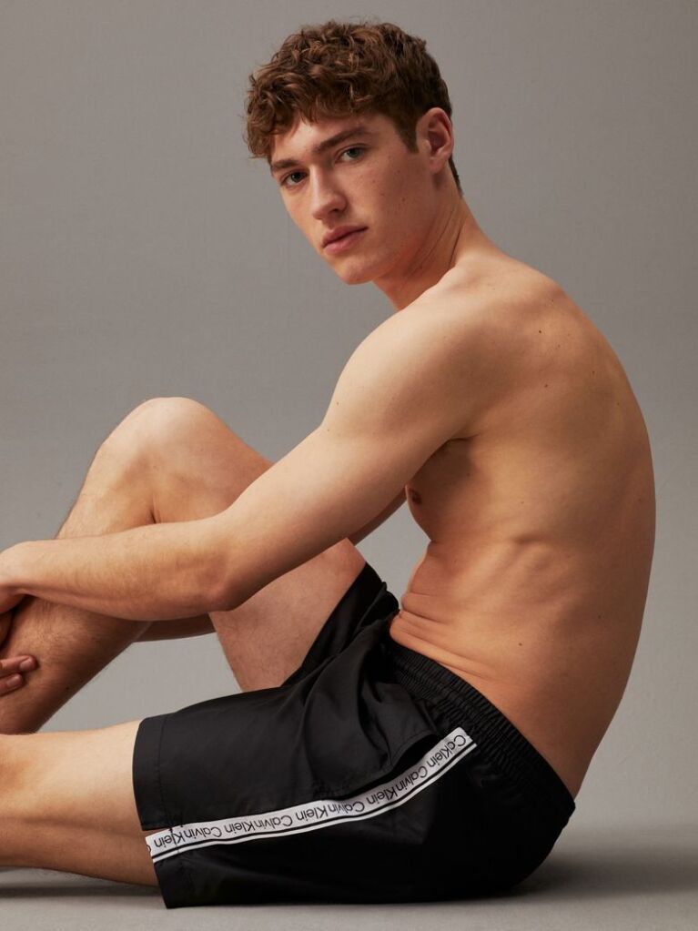 Black Medium Drawstring Swim Shorts - Logo Tape  Men