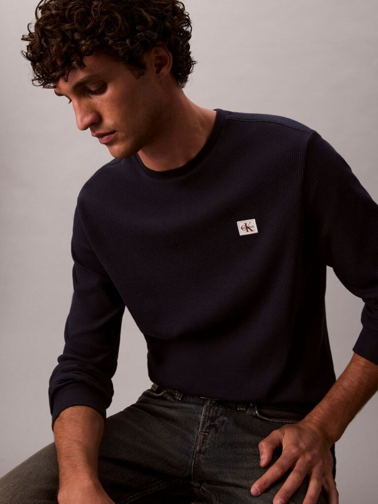 Blue Long Sleeve Waffle T-shirt  Men