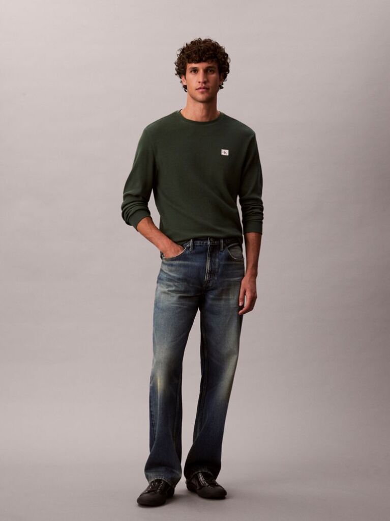Verde Bluza Cu Maneca Lunga Si Textura Waffle  Barbati