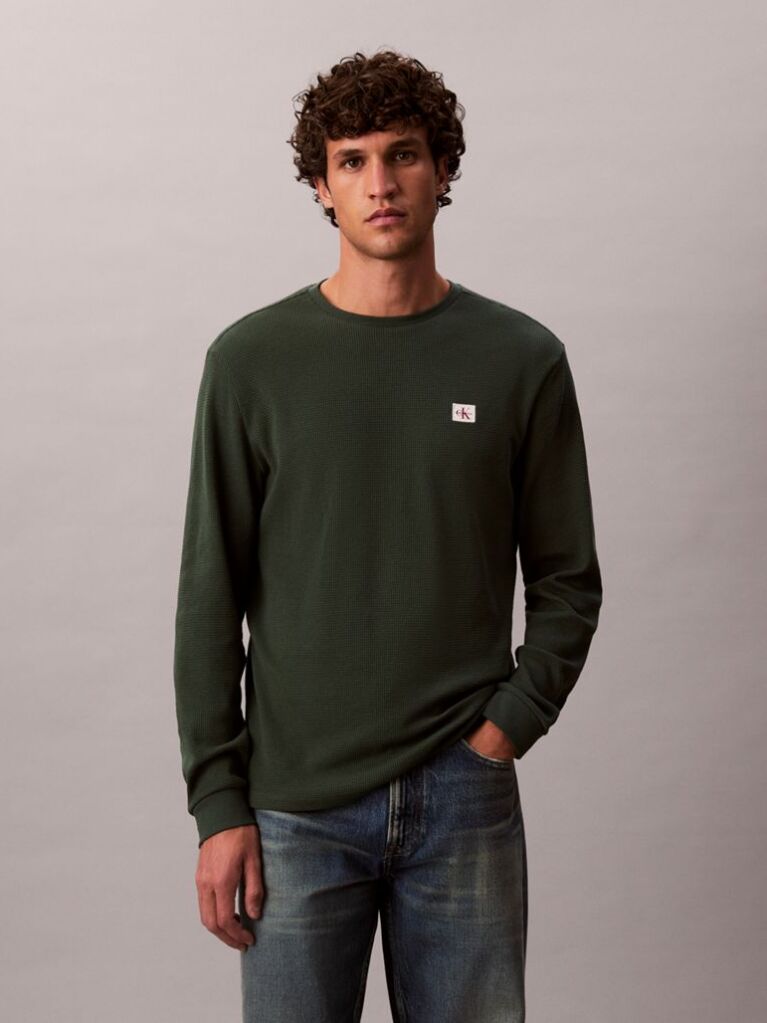 Verde Bluza Cu Maneca Lunga Si Textura Waffle  Barbati