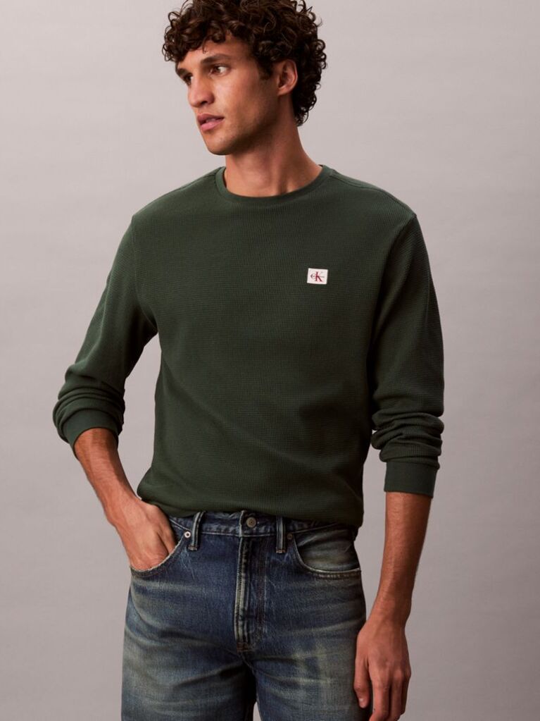 Verde Bluza Cu Maneca Lunga Si Textura Waffle  Barbati