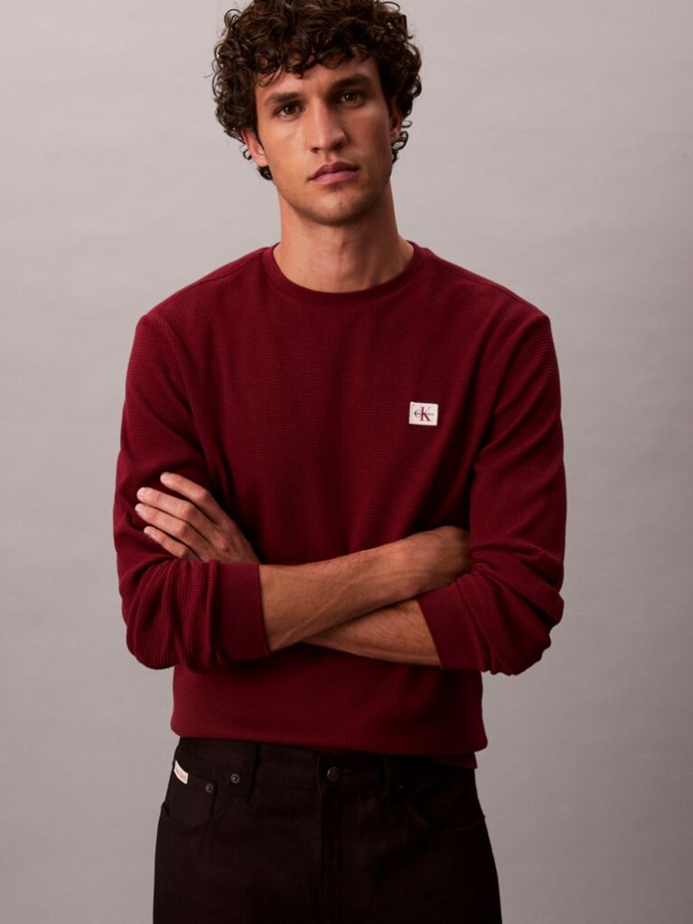 Rosu Bluza Cu Maneca Lunga Si Textura Waffle  Barbati
