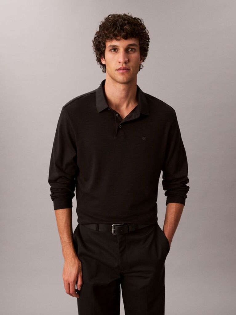 Black Supima Cotton Long Sleeve Polo Shirt  Men
