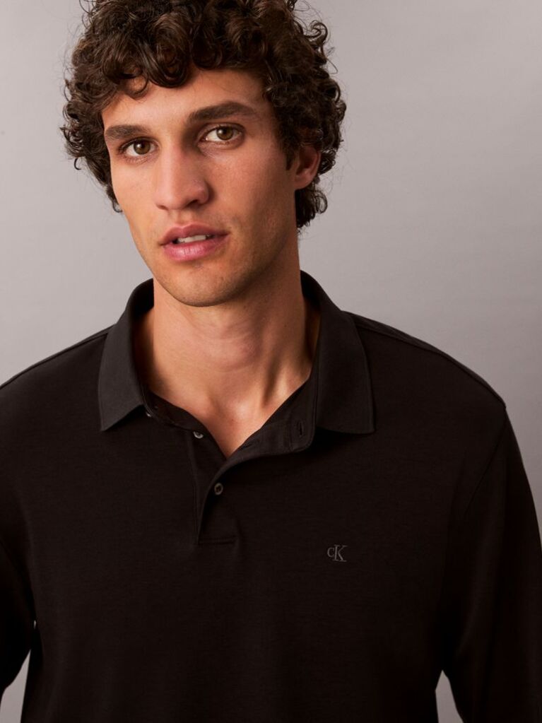 Black Supima Cotton Long Sleeve Polo Shirt  Men