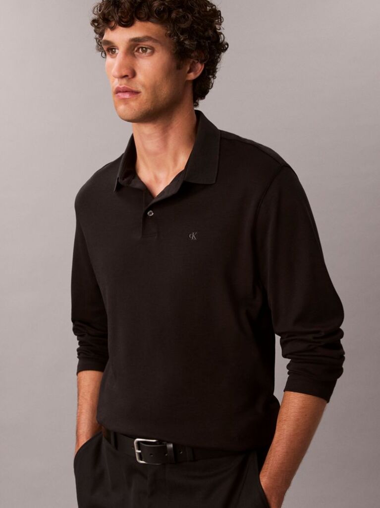 Black Supima Cotton Long Sleeve Polo Shirt  Men